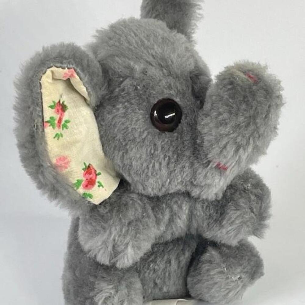 Vintage Kamar Elephant Plush 5" Gray Pink Floral Ears Mini Stuffed Animal